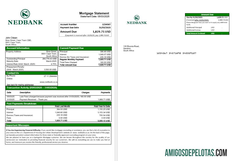 Declaração de hipoteca do Nedbank da África do Sul em formatos Word e PDF modelo